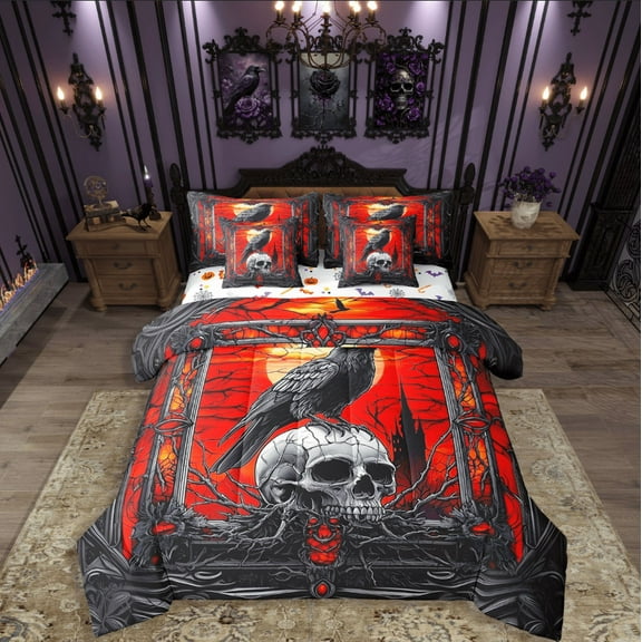 Castle Fairy Crow Skull 7-Piece Bedding Comforter Set,Gothic Style King Bedding Sets,Black Red Ultra Soft Bed Sheets,Luxury Teens Bedroom Decor,Reversible