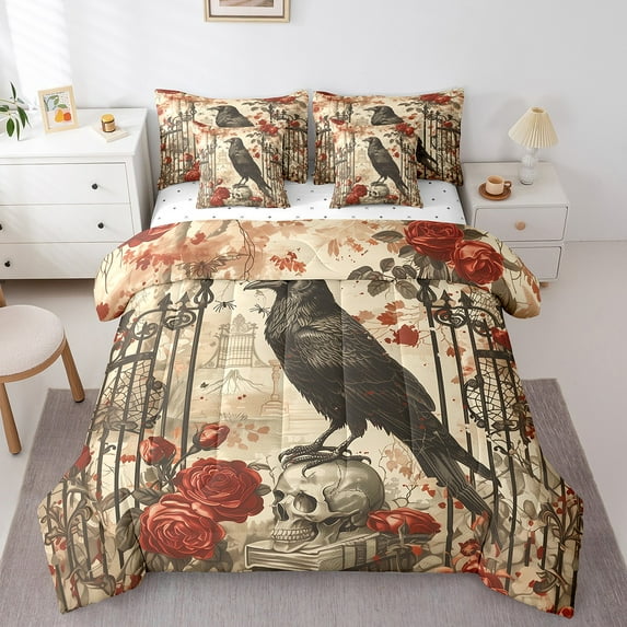 Castle Fairy Crow Skull 7-Piece Twin Bedding Sets,Red Rose Bedding Comforter Set,Gothic Style Breathable Sheet Sets,Microfiber Teens Bedroom Decor,Reversible