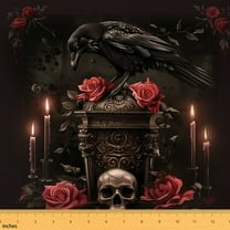 Castle Fairy Crow Skull Fabric by the Yard 1 Yard,Red Rose Home Decor Fabric by the Yard,Gothic Style Room Decor Fabric by the Yard,Breathable Home Decor