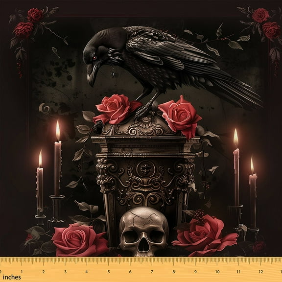 Castle Fairy Crow Skull Fabric by the Yard 3 Yards,Red Rose Sewing Fabric,Gothic Style Fabric for Sewing,Breathable Home Decor