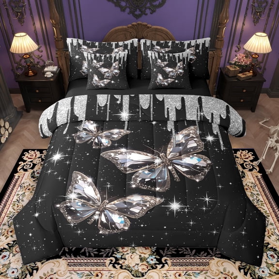 Castle Fairy Crystal Butterfly 7-Piece Bedding Comforter Set for Teens Girls Women,Bling Splash Glitter King Bedding Sets,Dreamy Princess Ultra Soft Bed Sheets,Ultra Soft Home Decor