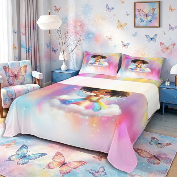Castle Fairy Cute Angel Girl Queen Sheets 4 Pieces,Sparkle Cloud Pattern Queen Sheet Sets,Pink White,1 Fitted Sheet, 1 Flat Sheet and 2 Pillowcases