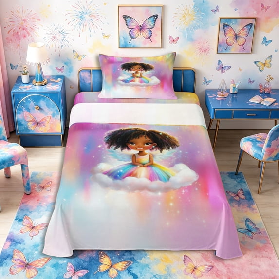 Castle Fairy Cute Angel Girl Twin Sheets 3pcs,Sparkle Cloud Pattern Bedding,Pink White,1 Fitted Sheet, 1 Flat Sheet and 1 Pillowcase