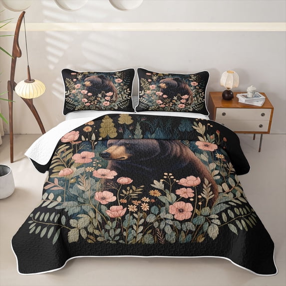 Castle Fairy Cute Animal Bear Bed Spread Queen,Chic Floral Wildlife Queen Coverlet Set,Black Sage