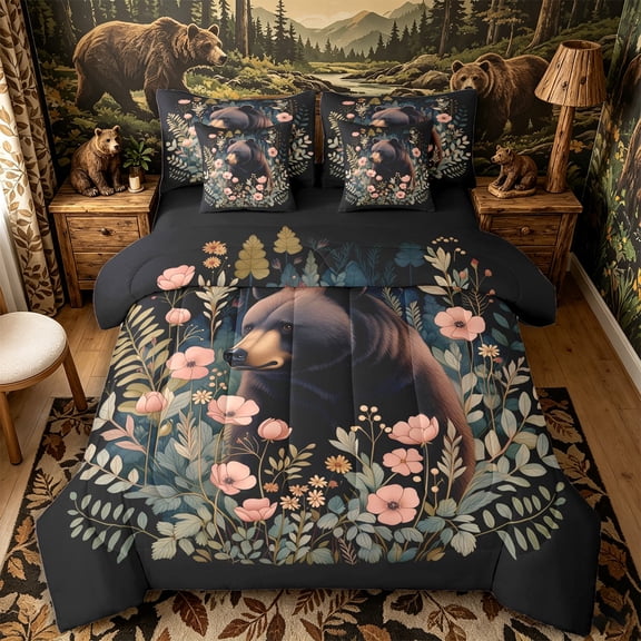 Castle Fairy Cute Animal Bear Full Size Bedding Sets 7 Pieces,Chic Floral Wildlife Full Size Bed in a Bag,Black Sage,Black Reversible
