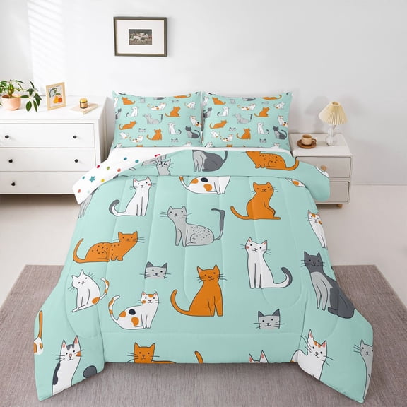 Castle Fairy Cute Animal Cats Full Size Comforter Sets,Teal Orange Bedding Sets
