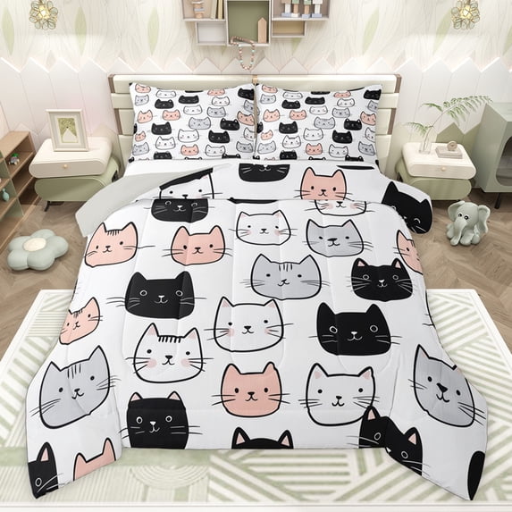 Castle Fairy Cute Animal Cats Twin Comforter Sets,Black Pink White Bedding Set