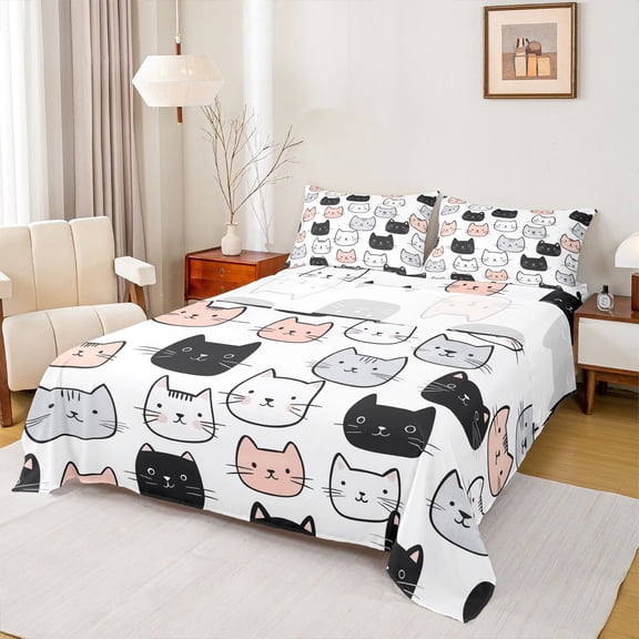 Castle Fairy Cute Animal Cats Twin Sheet Sets for Preppy Children,Black Pink White Bedding