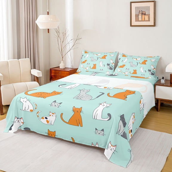 Castle Fairy Cute Animal Cats Twin Sheet Sets for Preppy Children,Teal Orange Bedding
