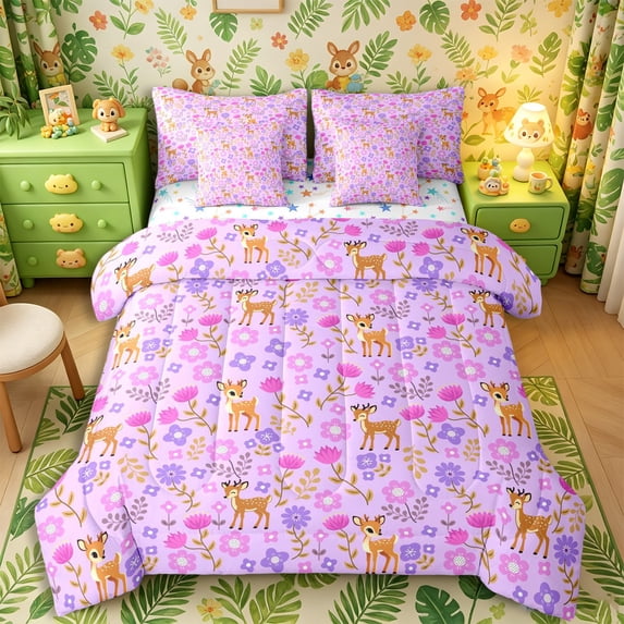 Castle Fairy Cute Animal Deer Full Size Bedding Sets 7 Pieces,Cartoon Spring Flowers Full Size Bed in a Bag,Lavender Pink,Reversible