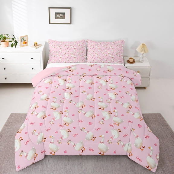 Castle Fairy Cute Animal Duck Full Size Comforter Sets 3-Piece for Kids Children,Pink Ribbon Bow Bedding Comforter Set,Pink White Lightweight Bedding Sets,Ultra Soft Home Decor,Reversible