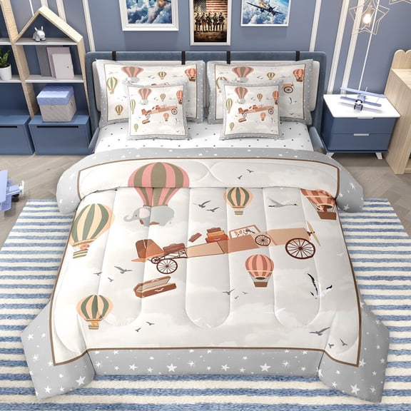 Castle Fairy Cute Animal Elephant Bedding Comforter Set 7-Piece for Preppy Child,Transportation Theme King Bedding Sets,Cartoon Aircraft Ultra Soft Bed Sheets,Microfiber Bedroom Decor,Reversible