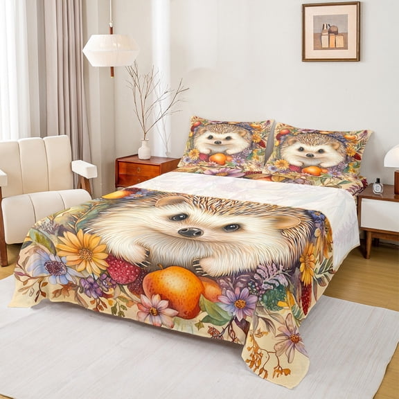 Castle Fairy Cute Animal Hedgehog 4Pcs Bed Sheets for Women Men Teens,Vintage Flowers King Sheets,Floral Wildlife Super Cozy Sheet Set,Microfiber Bedroom Decor