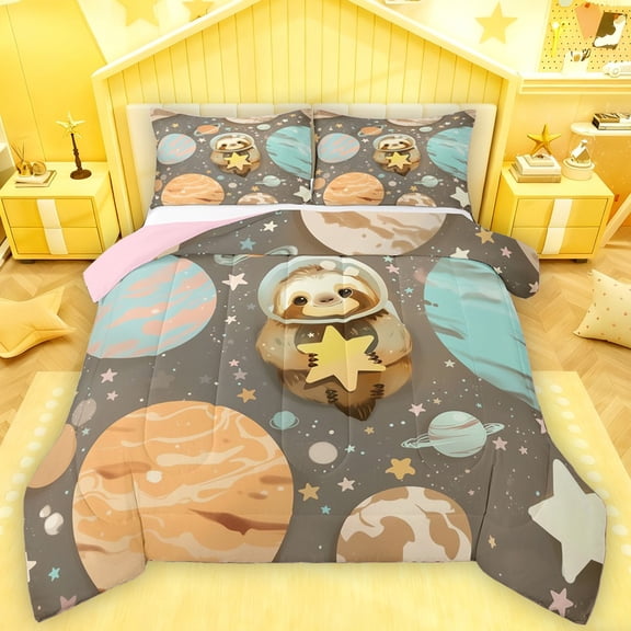 Castle Fairy Cute Animal Sloth Bedding Comforter Set 2pcs for Preppy Child,Galaxy Planet Twin Comforter Sets Microfiber,Starry Sky Breathable Bedding Set,Gradient Home Decor,Reversible