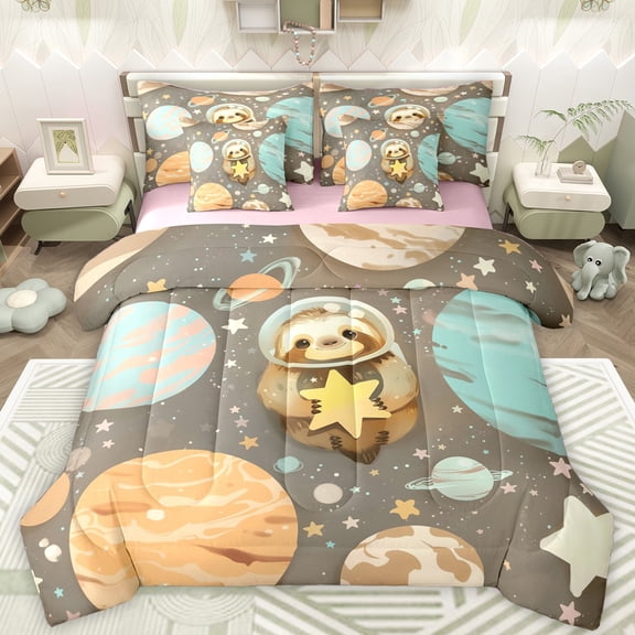 Castle Fairy Cute Animal Sloth Twin Bedding Sets 7-Piece for Preppy Child,Galaxy Planet Bedding Comforter Set Microfiber,Starry Sky Breathable Sheet Sets,Gradient Home Decor,Reversible