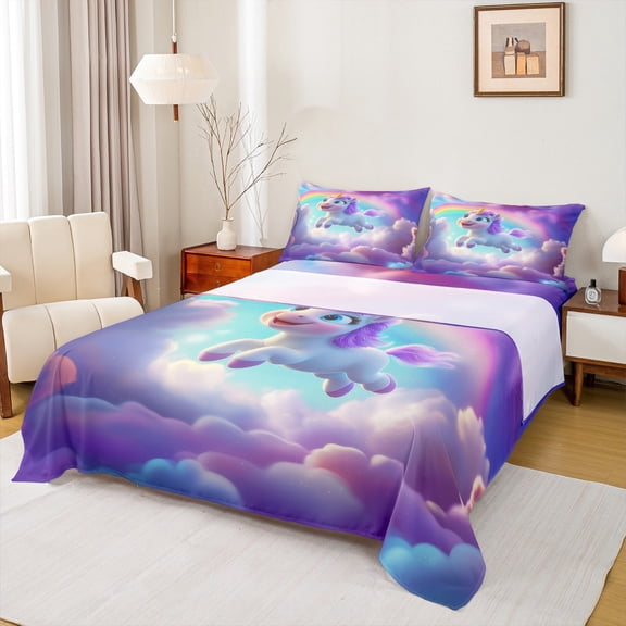 Castle Fairy Cute Animal Unicorn Twin Sheet Sets 3pcs for Preppy Children Kids,Dreamy Princess Twin Fitted Sheet Microfiber,Kawaii Rainbow Breathable Flat Sheet,Breathable Home Decor