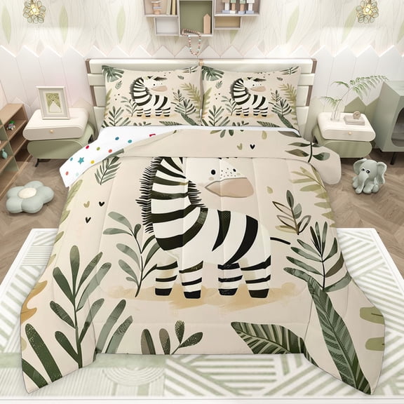 Castle Fairy Cute Animal Zebra Queen Comforter Set,Botanical Leaves Bedding Comforter Set
