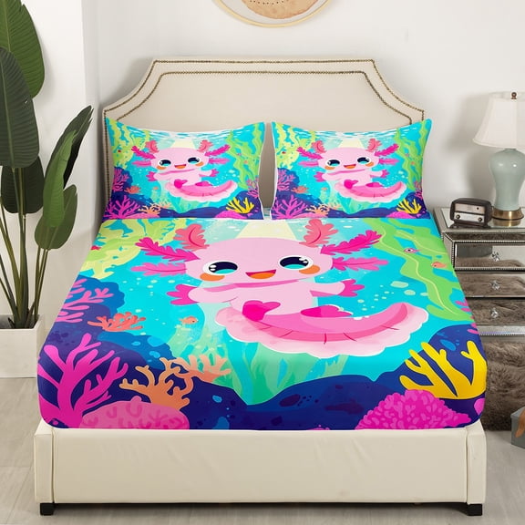 Castle Fairy Cute Axolotl 4 Pieces Queen Sheet Sets,Ocean Salamander Ultra Soft Flat Sheet,Underwater World Queen Fitted Sheet,Ultra Soft Kawaii Home Decor