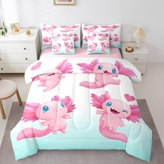 Castle Fairy Cute Axolotl 7pcs Bedding Comforter Set for Kids,Ocean Animal Queen Bedding Sets Super Cozy,Kawaii Salamander Queen Sheet Sets,Luxury Bedroom Decor