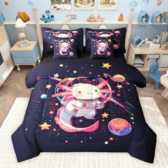 Castle Fairy Cute Axolotl Astronaut Bedding Comforter Set,Cosmos Planet Queen Bedding Sets