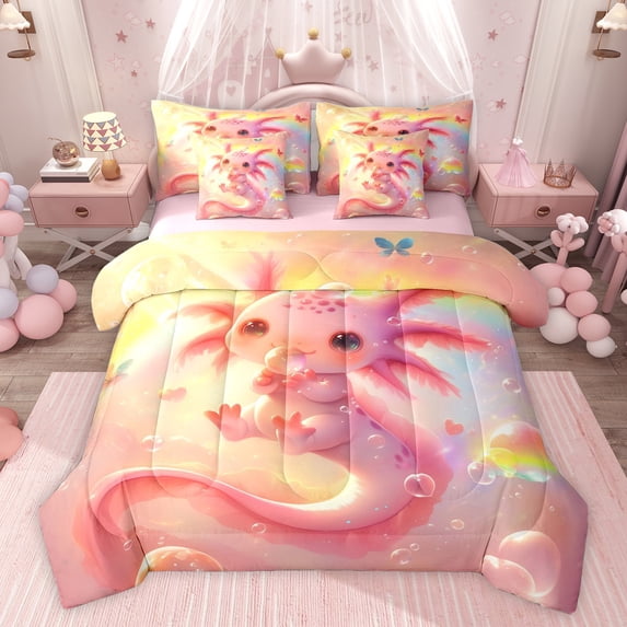 Castle Fairy Cute Axolotl Bedding Comforter Set,Cartoon Pink Salamander King Bedding Sets
