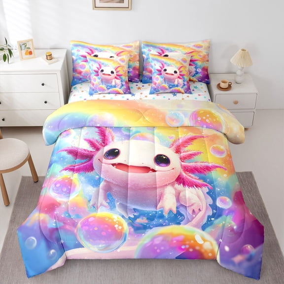 Castle Fairy Cute Axolotl Bedding Comforter Set,Kawaii Rainbow Animal Full Bedding Set