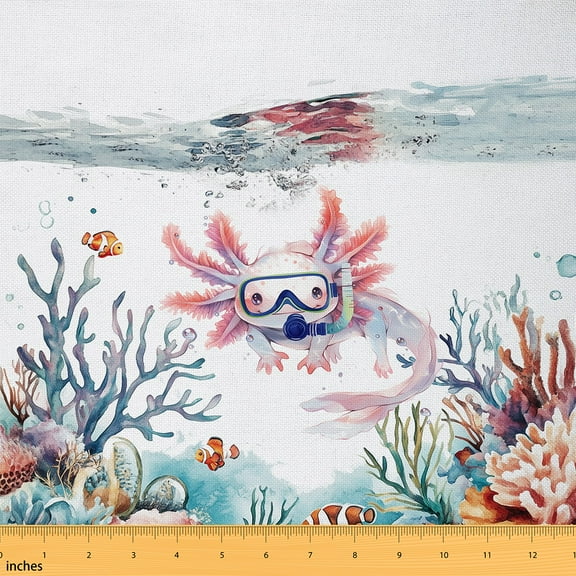 Castle Fairy Cute Axolotl Fabric by the Yard 1 Yard, Cartoon Sea Ocean Animal Home Decor Fabric by the Yard, Coastal Coral Fish Sewing Fabric, Children Room Decor