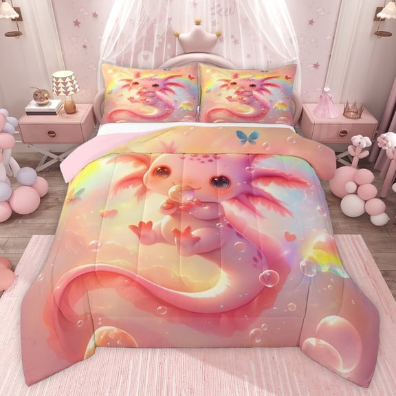 Castle Fairy Cute Axolotl Full Size Comforter Sets,Cartoon Pink Salamander Bedding Sets