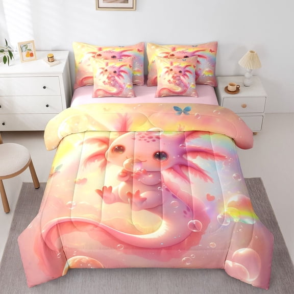 Castle Fairy Cute Axolotl Twin Bedding Sets,Cartoon Pink Salamander Bedding Comforter Set
