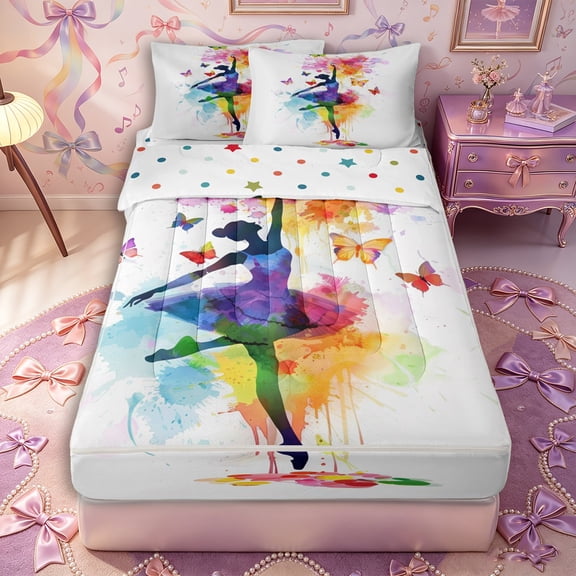 Castle Fairy Cute Ballerina Print Zipper Twin Comforter Sets with Fitted Sheet and 2 Pillowcases,Watercolor Butterfly Pattern Zipper Bedding Set,Purple Pink,Grey Reversible,4-Piece