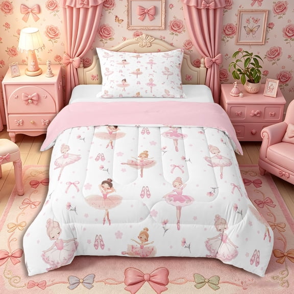 Castle Fairy Cute Ballet Dance Girl Twin Comforter Sets 2pcs,Cute Floral Bow Pattern Bedding Set,Pink,Pink Reversible,1 Comforter and 1 Pillowcase