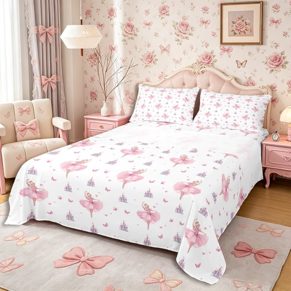 Castle Fairy Cute Ballet Girl Print Queen Sheets 4 Pieces,Princess Dreamy Castle Pattern Queen Sheet Sets,Pink White,1 Fitted Sheet, 1 Flat Sheet and 2 Pillowcases