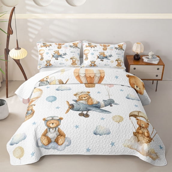 Castle Fairy Cute Bear Plane Quilt King,Hot Air Balloon Cloud Stars Print King Coverlet Set,Sky Blue Cream