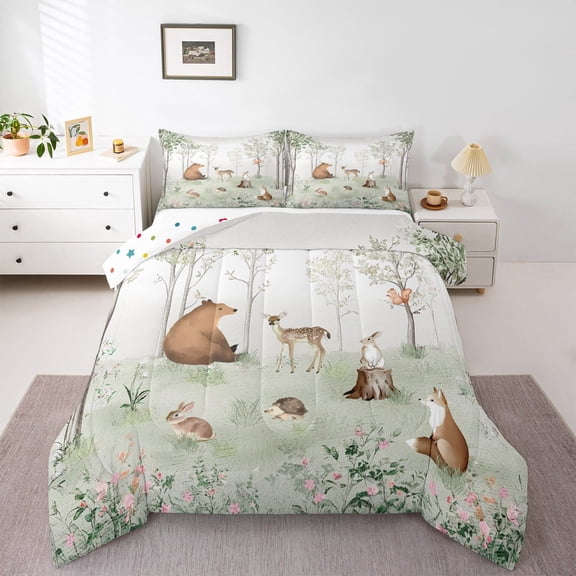 Castle Fairy Cute Bear Squirrel Rabbit Deer Twin Comforter Sets,Kawaii Animal Bedding Set