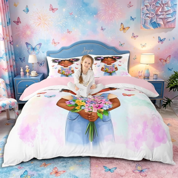 Castle Fairy Cute Black Girl Duvet Cover Queen,Flower Butterfly Print Queen Bedding,Pink Blue,Grey Reversible,1 Duvet Cover and 2 Pillowcases