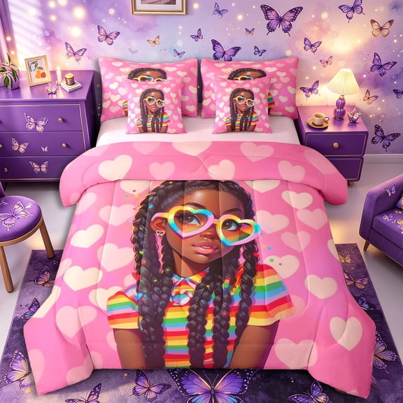 Castle Fairy Cute Black Girl Full Size Bedding Sets 7 Pieces,Colorful Rainbow Stripes Full Size Bed in a Bag,Rose Coral Peach