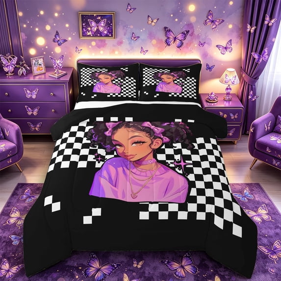 Castle Fairy Cute Black Girl Full Size Comforter Sets 3-Piece,Checkerboard Print Bedding Comforter Set,Purple Black,1 Comforter and 2 Pillowcases