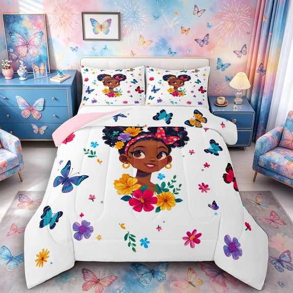 Castle Fairy Cute Black Girl Full Size Comforter Sets 3-Piece,Spring Garden Flowers Butterfly Bedding Comforter Set,Crimson Azure Lime,1 Comforter and 2 Pillowcases
