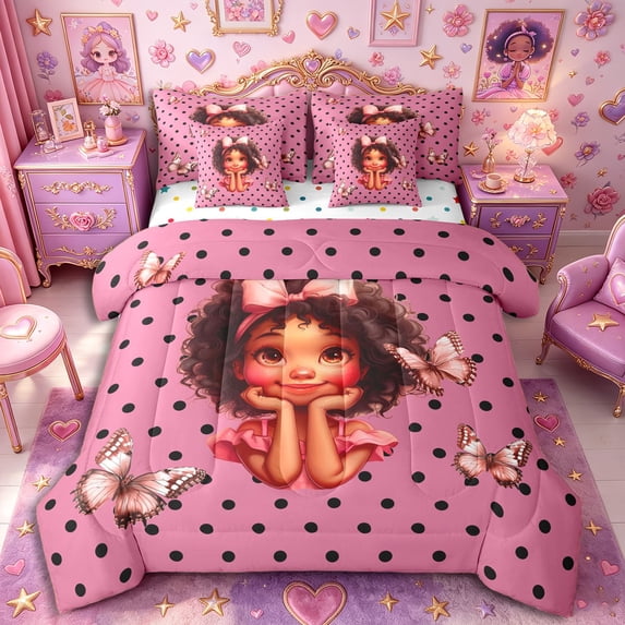Castle Fairy Cute Black Girl King Bedding 7pcs,Polka Dot Butterfly King Bed in a Bag,Pink