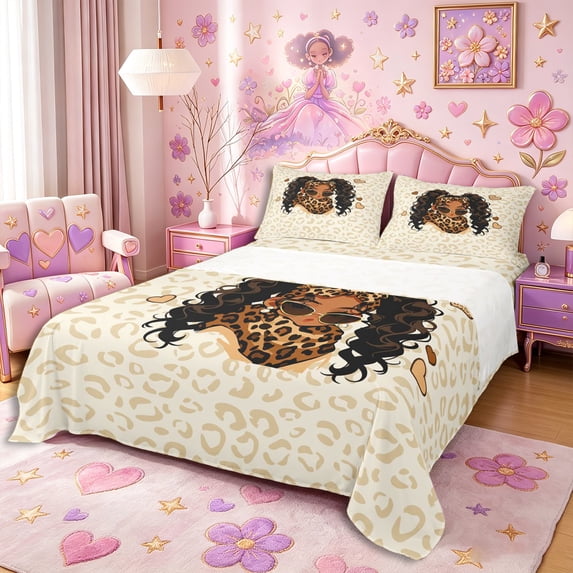 Castle Fairy Cute Black Girl King Sheets 4pcs,Vintage Leopard Pattern Bedding,Beige Brown,1 Fitted Sheet, 1 Flat Sheet and 2 Pillowcases