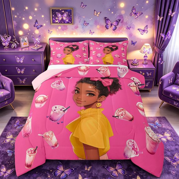 Castle Fairy Cute Black Girl Queen Comforter Set 3 Pieces,Boba Tea Print Comforter Sets Queen,Pink Yellow,Grey Reversible,1 Comforter and 2 Pillowcases