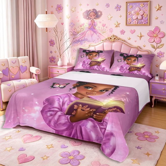 Castle Fairy Cute Black Girl Queen Sheets 4 Pieces,Cartoon Bow Butterfly Queen Sheet Sets,Purple,1 Fitted Sheet, 1 Flat Sheet and 2 Pillowcases