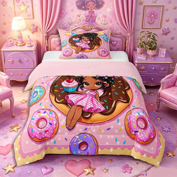 Castle Fairy Cute Black Girl Twin Comforter Sets 2pcs,Donut Balloon Dessert Print Bedding Set,Pink Brown,Grey Reversible,1 Comforter and 1 Pillowcase