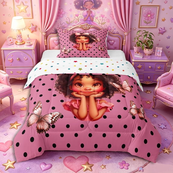 Castle Fairy Cute Black Girl Twin Comforter Sets 2pcs,Polka Dot Butterfly Bedding Set,Pink,1 Comforter and 1 Pillowcase