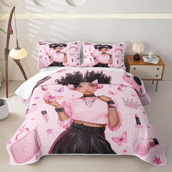 Castle Fairy Cute Black Girl Twin Quilt Set,Butterfly Crown Pattern Twin Coverlet Set,Pink Black