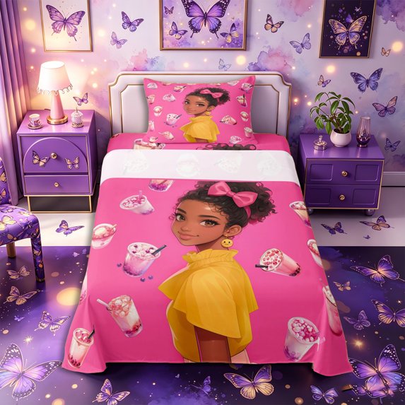 Castle Fairy Cute Black Girl Twin Sheets 3pcs,Boba Tea Print Bedding,Pink Yellow,1 Fitted Sheet, 1 Flat Sheet and 1 Pillowcase