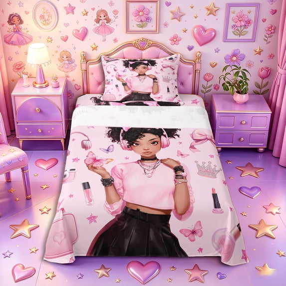 Castle Fairy Cute Black Girl Twin Sheets 3pcs,Butterfly Crown Pattern Bedding,Pink Black,1 Fitted Sheet, 1 Flat Sheet and 1 Pillowcase