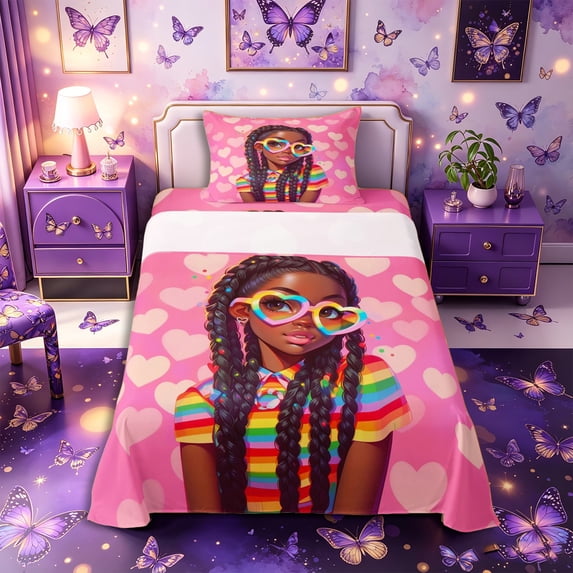 Castle Fairy Cute Black Girl Twin Sheets 3pcs,Colorful Rainbow Stripes Bedding,Rose Coral Peach,1 Fitted Sheet, 1 Flat Sheet and 1 Pillowcase