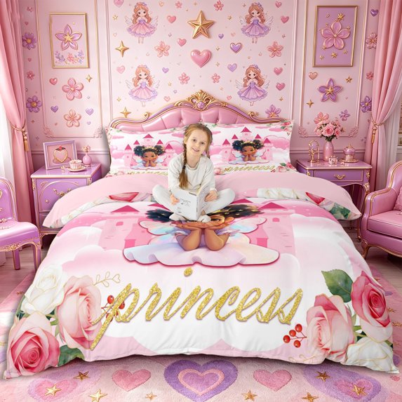 Castle Fairy Cute Black Princess Duvet Cover King,Castle Rose Print King Bedding,Pink White,1 Duvet Cover and 2 Pillowcases