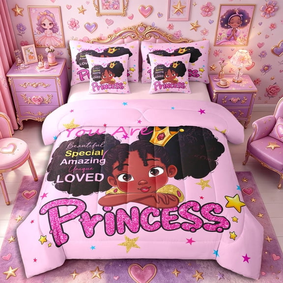 Castle Fairy Cute Black Princess Twin Bedding 7-Piece,Star Print Design Bedding Comforter Set,Pink